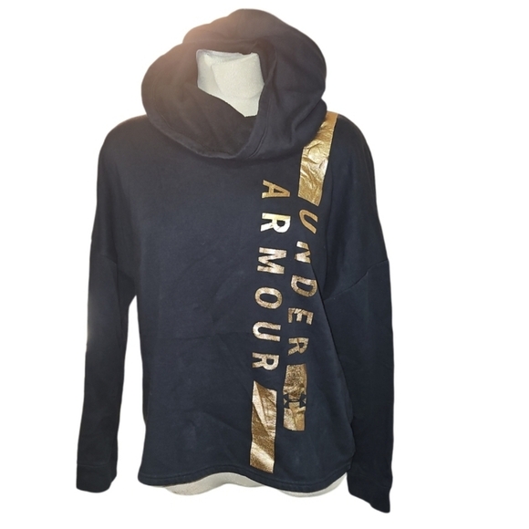 Under Armour Rival Fleece Funnel-Neck Hoodie Womens Foil Metallic Gold Black - Picture 1 of 8